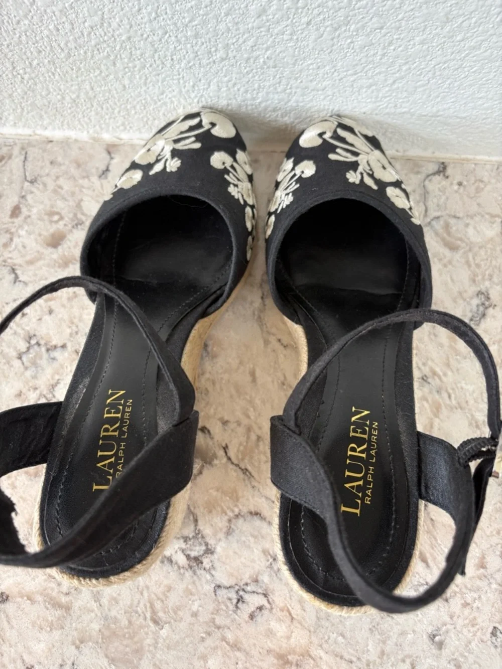 Lauren Ralph Lauren Black Espadrille Wedges with White Floral Embroidery